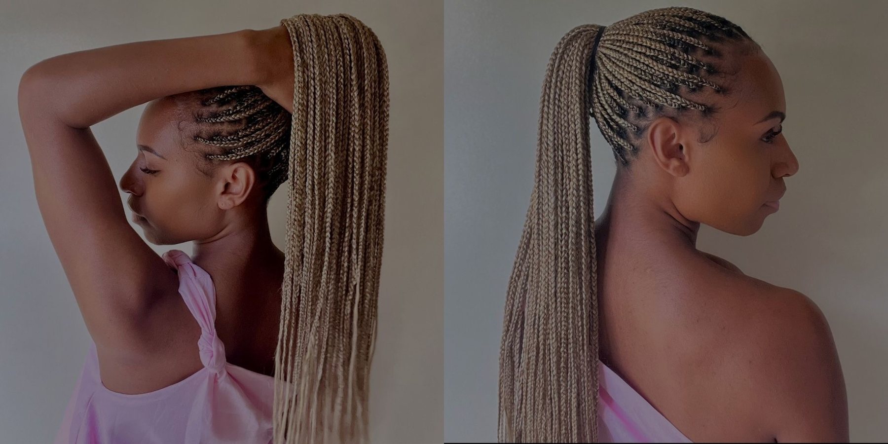 Two views of feed-in cornrows braided into a long blonde ponytail by Adizahaircollections